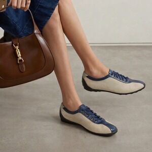 Tod's Navy Linen Leather Sneakers Womens 8.5 Low Top Driving Shoes Italy Bowling